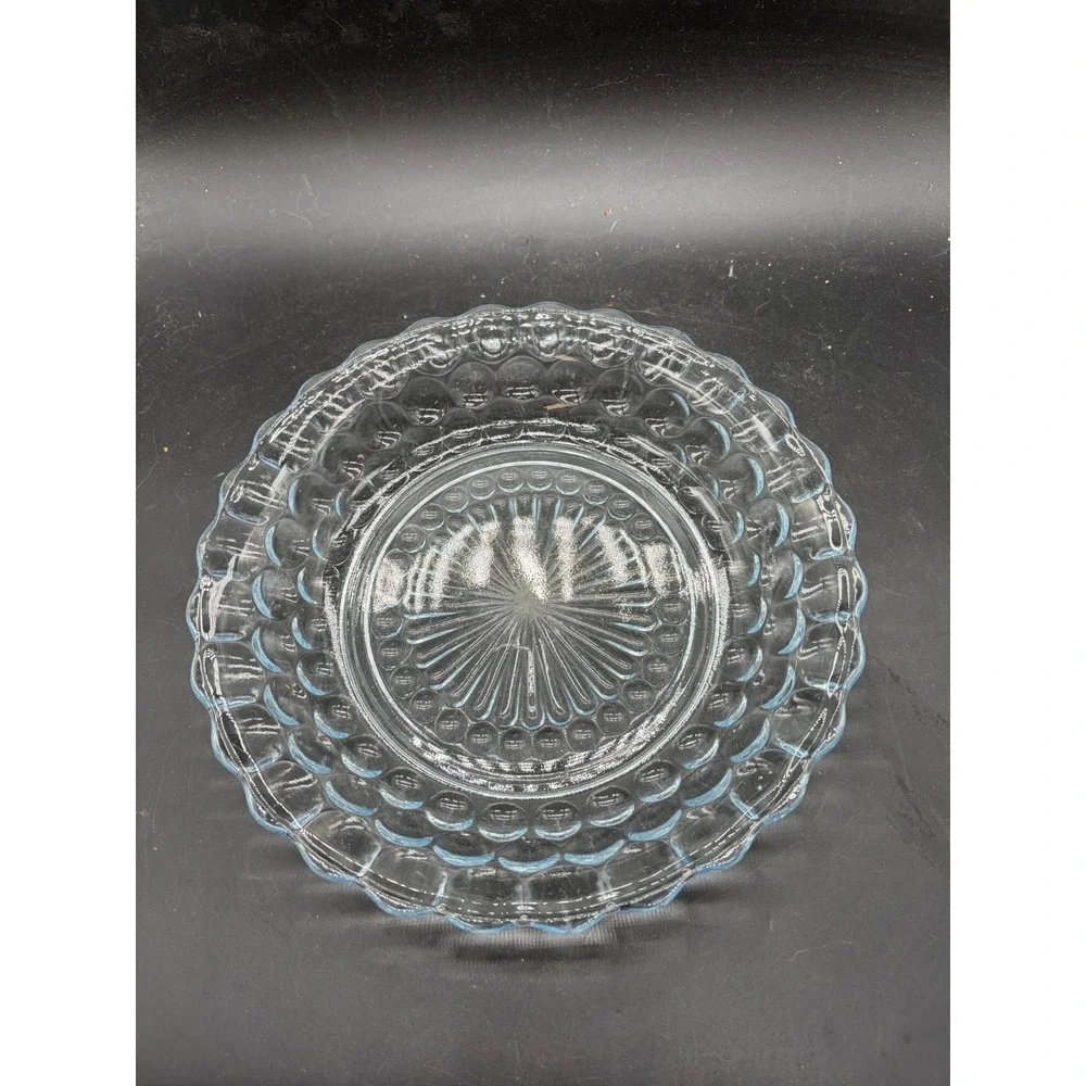 Vintage Light Blue Pressed Glass Scalloped Bubble Hobnail Dish Bowl 7.5 Inch